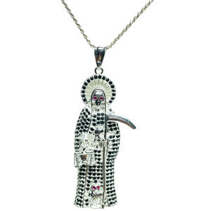 Black Santa Muerte Pendant with Necklace .925 Sterling Silver NEW